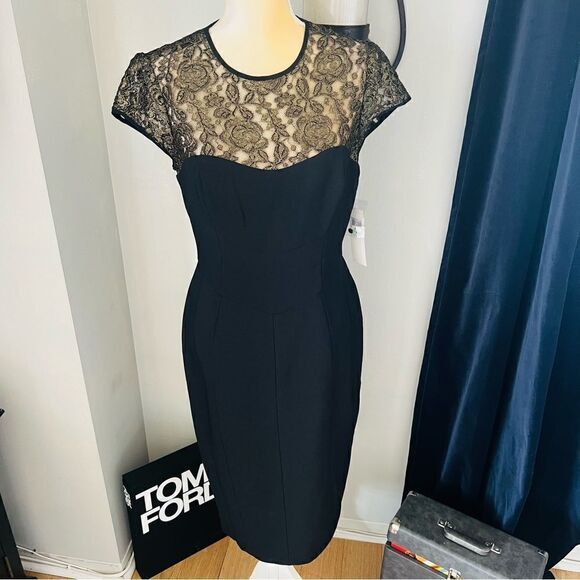 Maggy London Black Stretch Crepe Gold Lace Illusion Dress, Black, Size 8, NWT - Picture 17 of 17